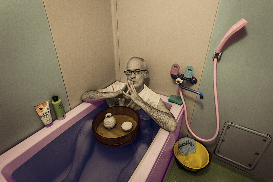 the artist at work in bathtub